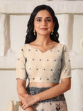 Cream Linen Cotton Saree With Blouse Piece - EZBER