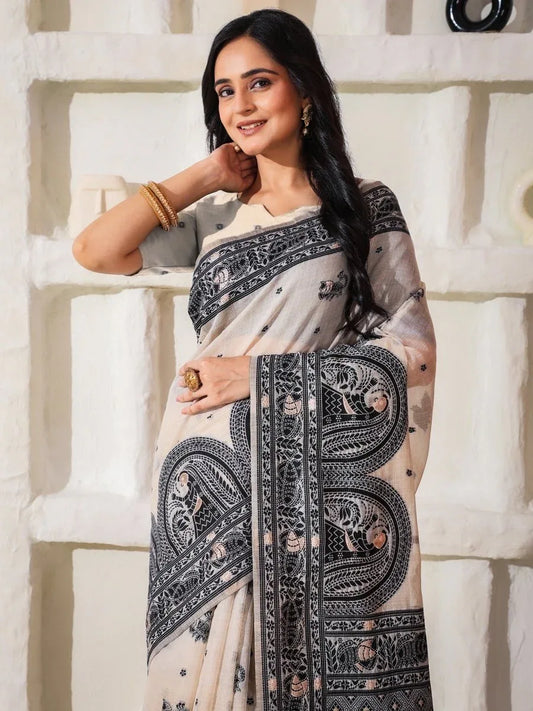 Cream Linen Cotton Saree With Blouse Piece - EZBER