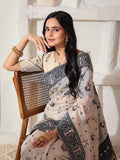 Cream Linen Cotton Saree With Blouse Piece - EZBER