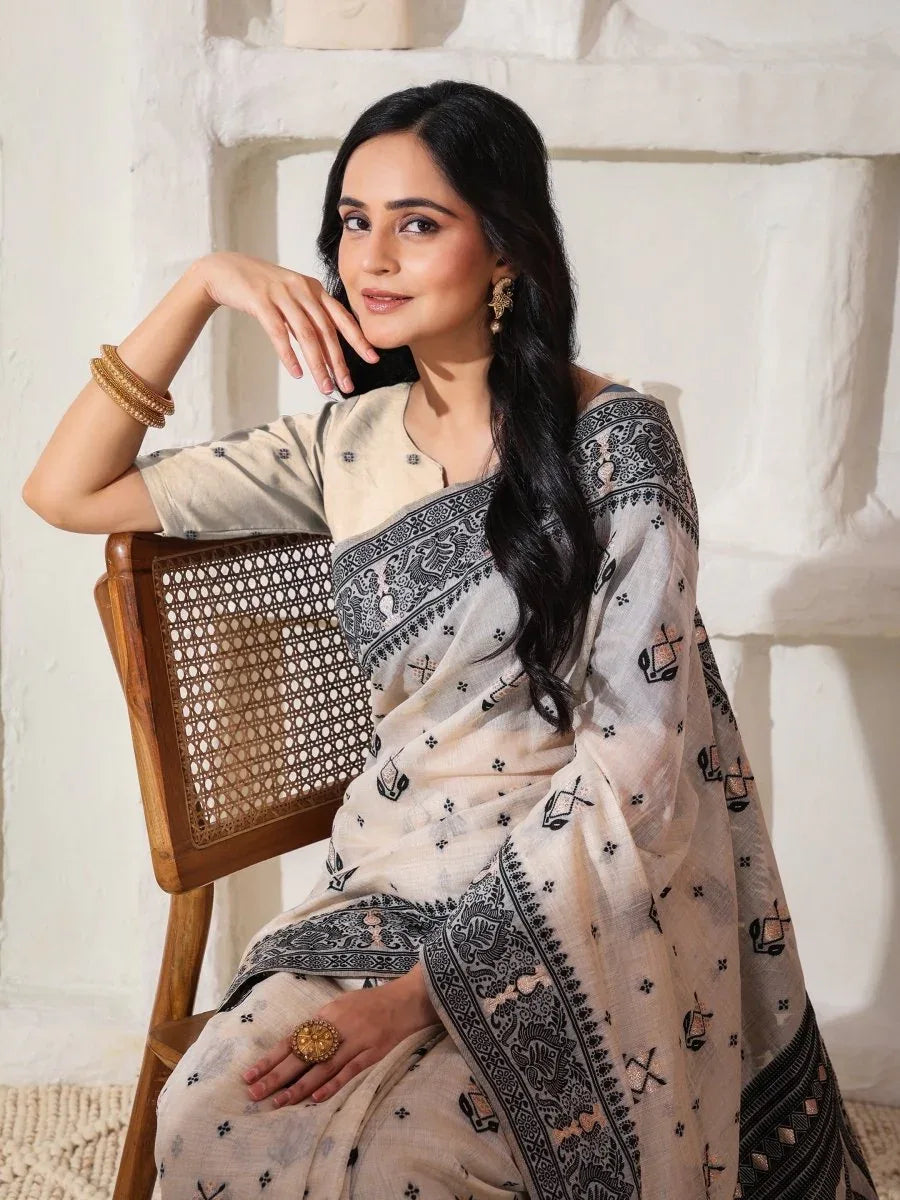Cream Linen Cotton Saree With Blouse Piece - EZBER
