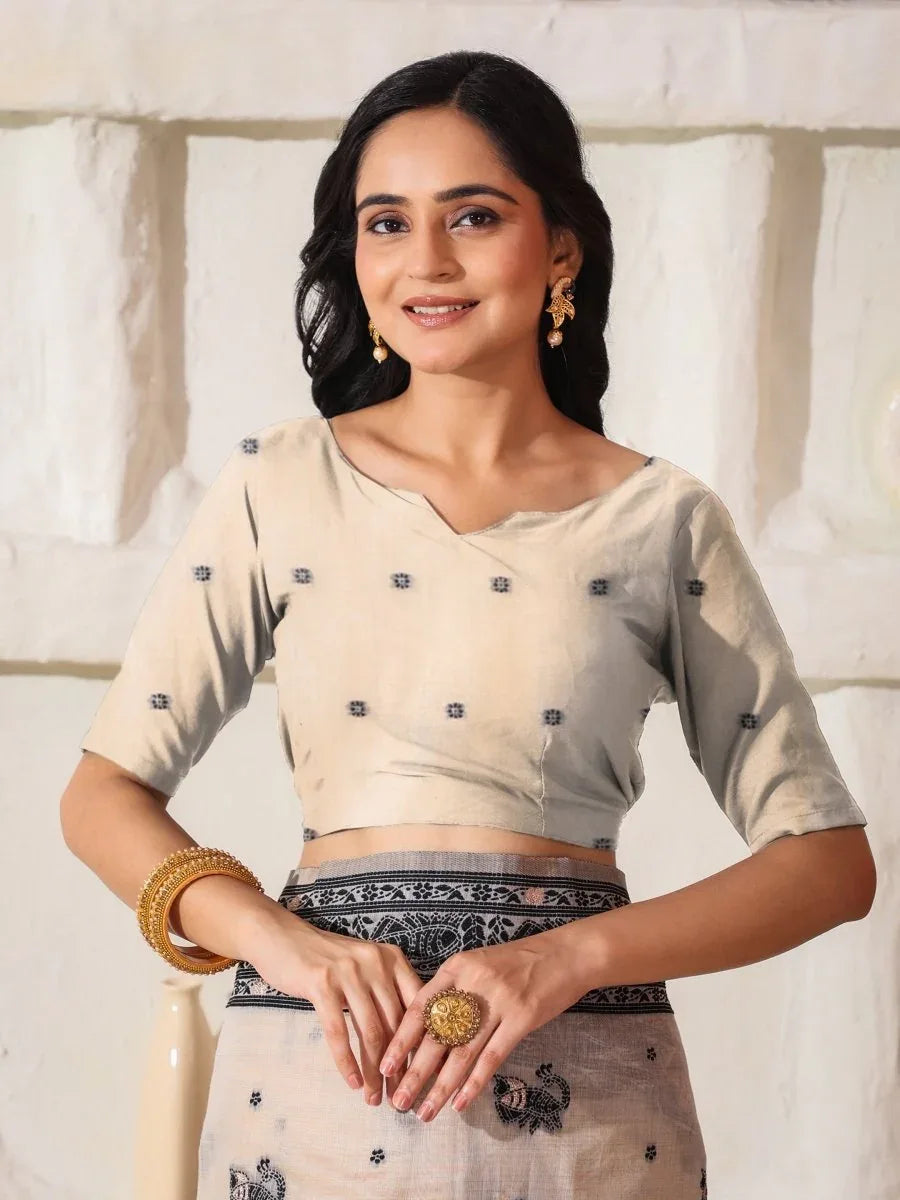 Cream Linen Cotton Saree With Blouse Piece - EZBER