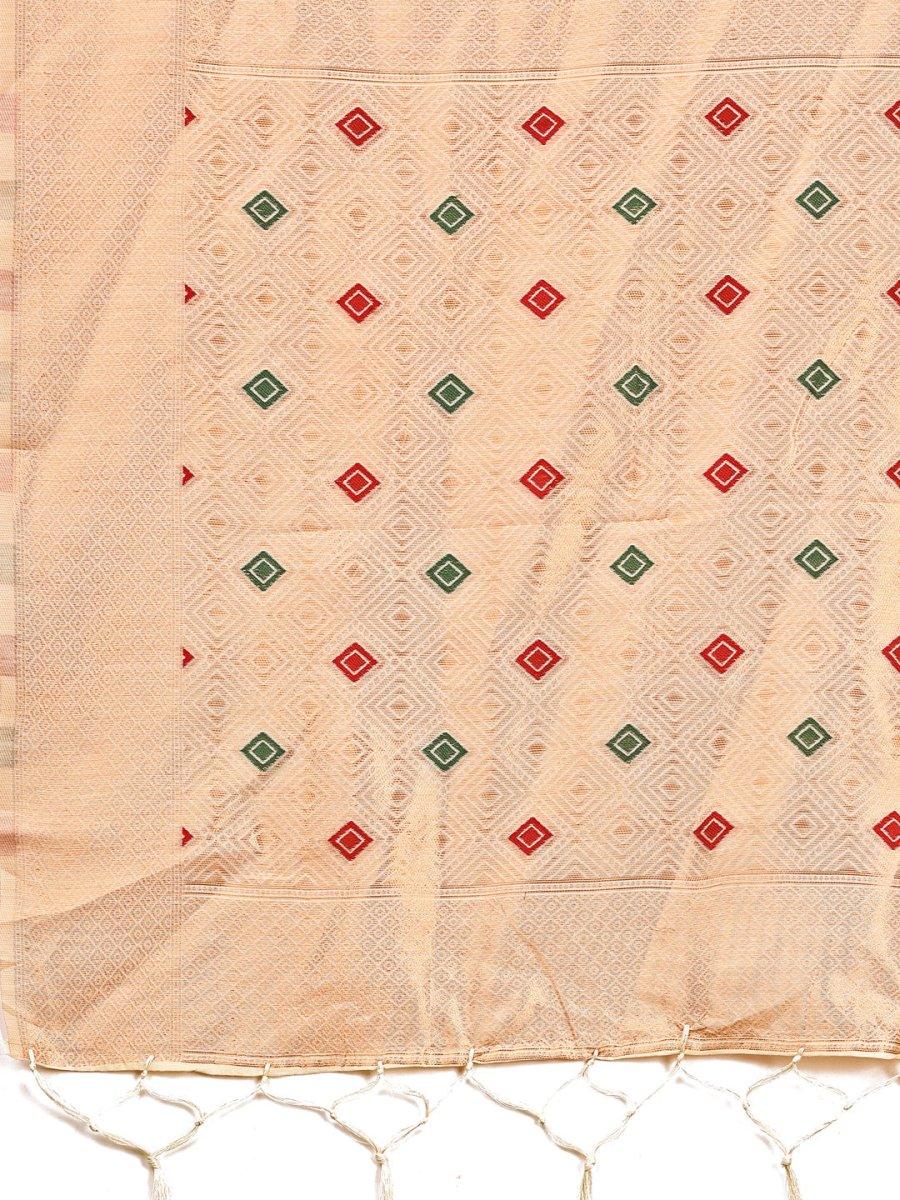 Cream Linen Cotton Saree With Blouse Piece - EZBER