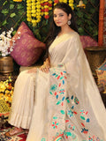 Cream Linen Cotton Saree With Blouse Piece - EZBER