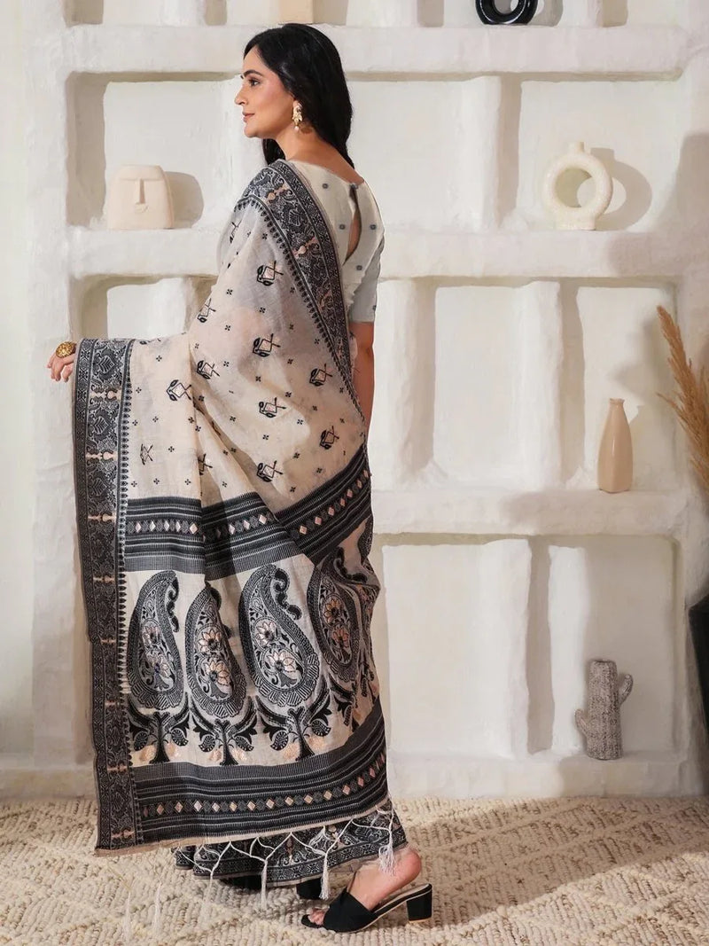 Cream Linen Cotton Saree With Blouse Piece - EZBER