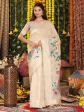 Cream Linen Cotton Saree With Blouse Piece - EZBER