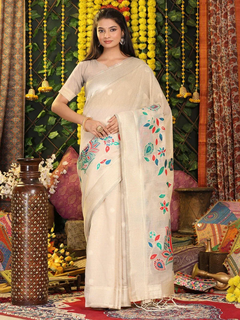 Cream Linen Cotton Saree With Blouse Piece - EZBER
