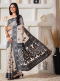 Cream Linen Cotton Saree With Blouse Piece - EZBER