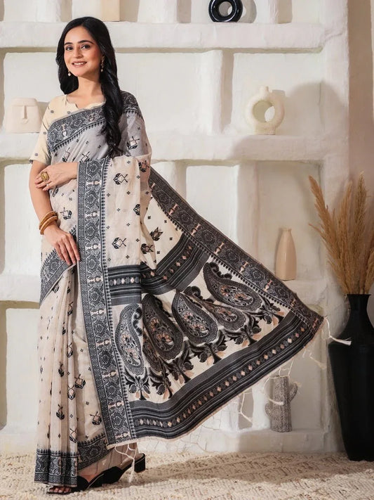 Cream Linen Cotton Saree With Blouse Piece - EZBER
