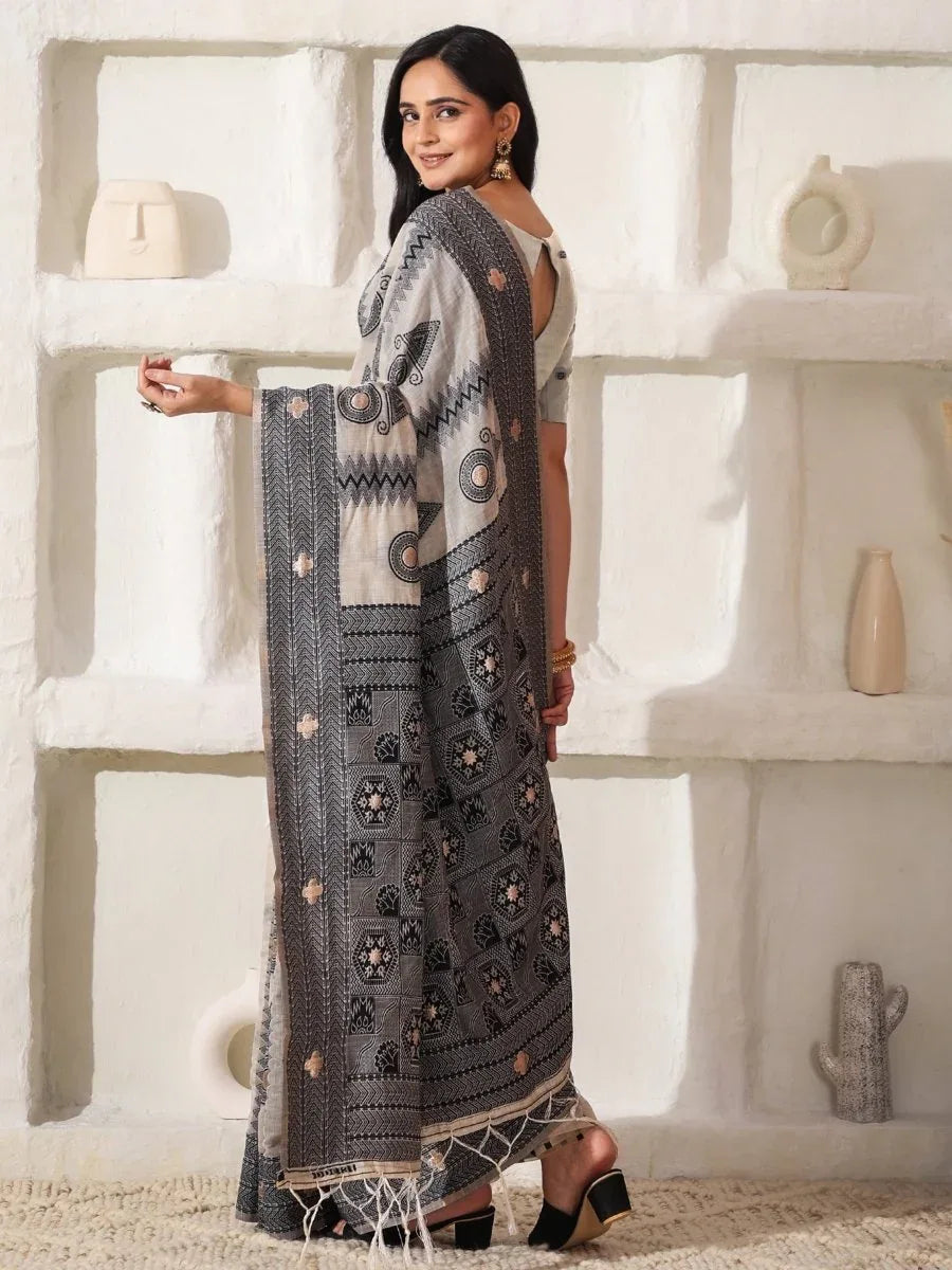 Cream Linen Cotton Saree With Blouse Piece - EZBER