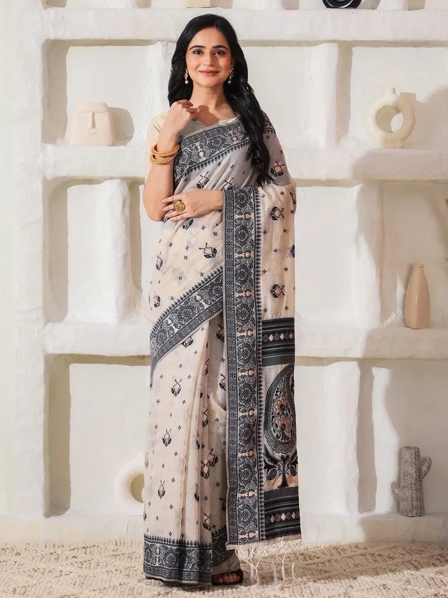 Cream Linen Cotton Saree With Blouse Piece - EZBER