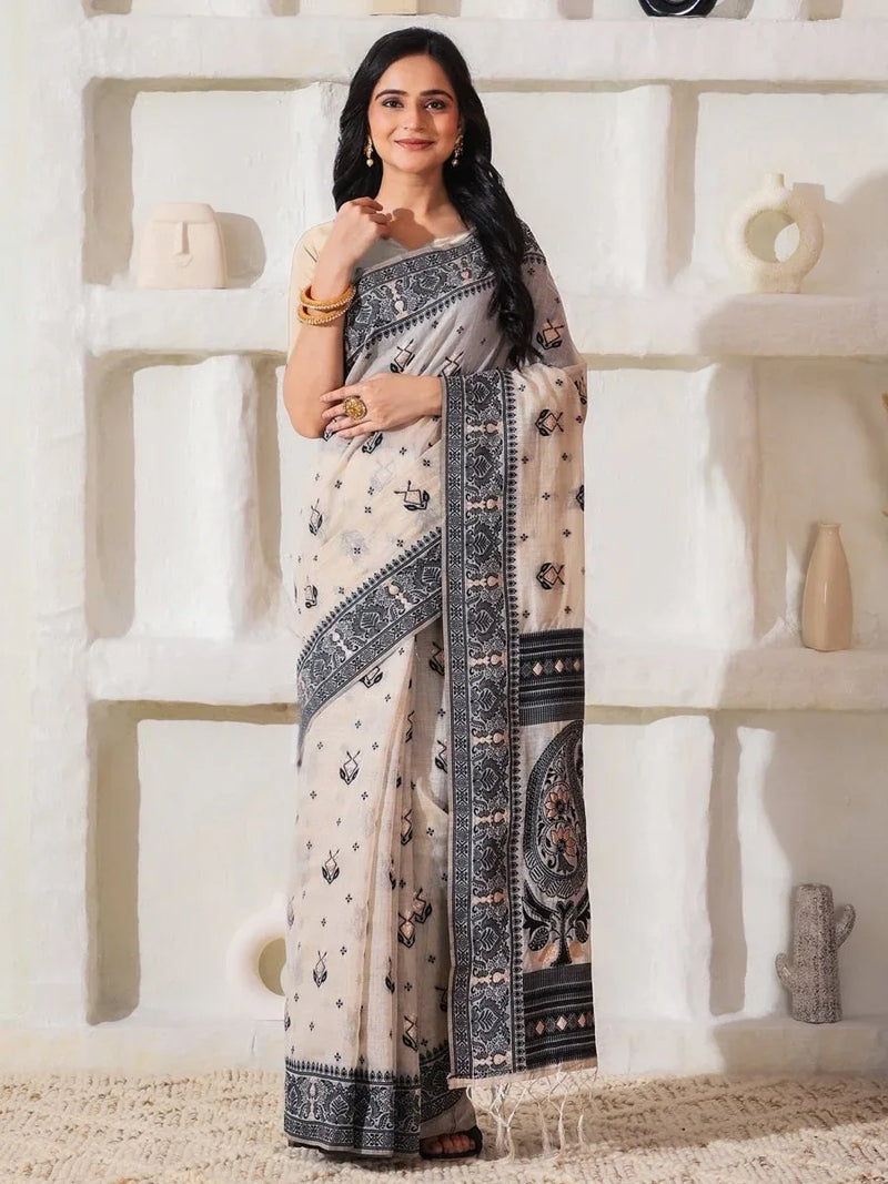 Cream Linen Cotton Saree With Blouse Piece - EZBER
