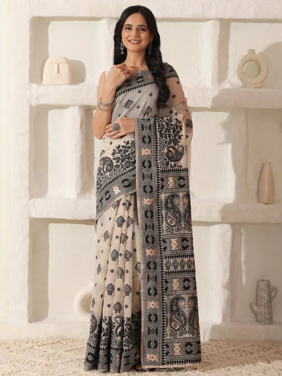 Cream Linen Cotton Saree With Blouse Piece - EZBER