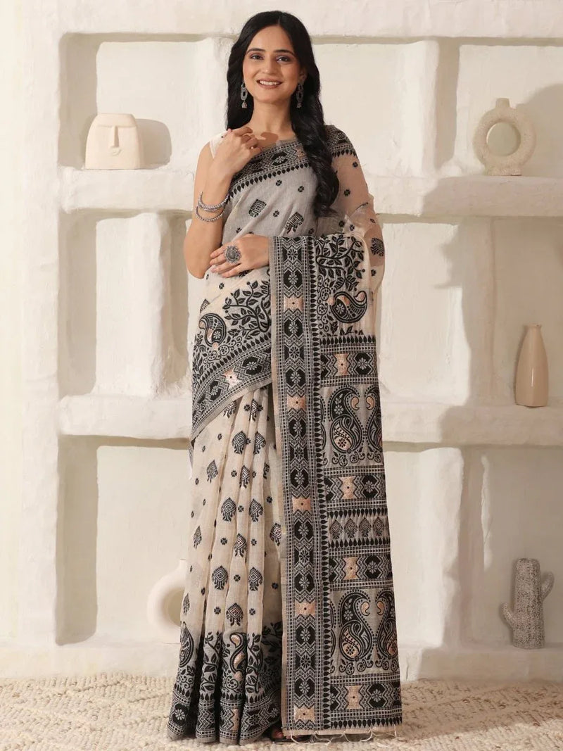 Cream Linen Cotton Saree With Blouse Piece - EZBER