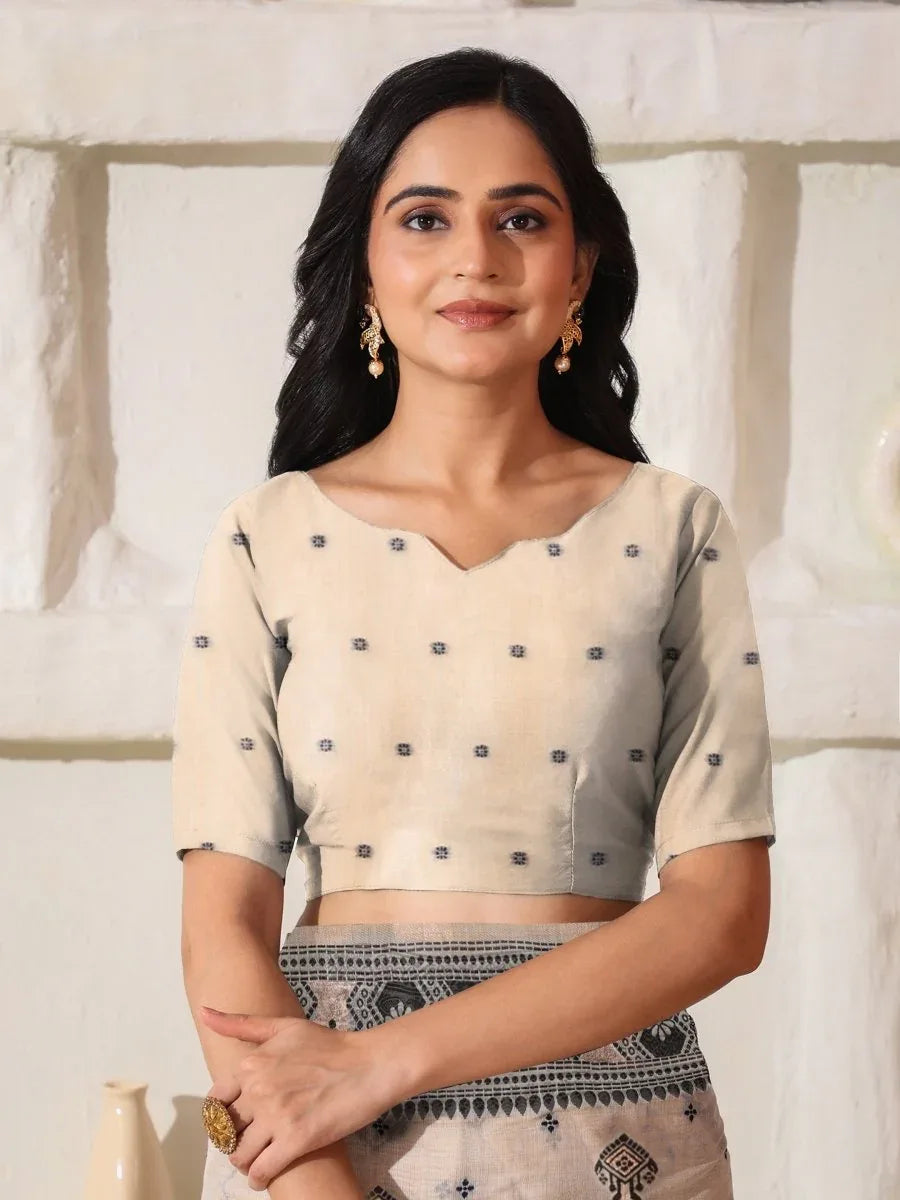 Cream Linen Cotton Saree With Blouse Piece - EZBER