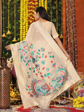 Cream Linen Cotton Saree With Blouse Piece - EZBER