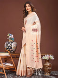 Cream Linen Cotton Saree With Blouse Piece - EZBER