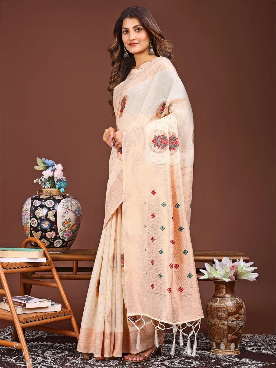 Cream Linen Cotton Saree With Blouse Piece - EZBER