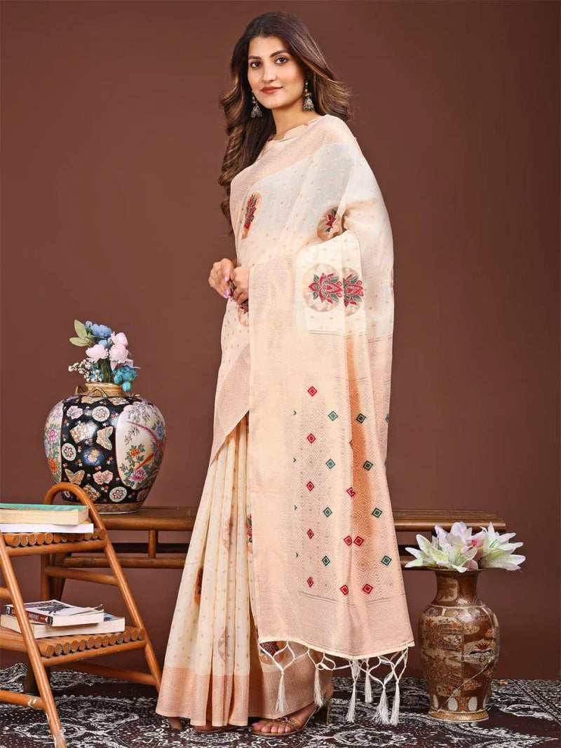 Cream Linen Cotton Saree With Blouse Piece - EZBER