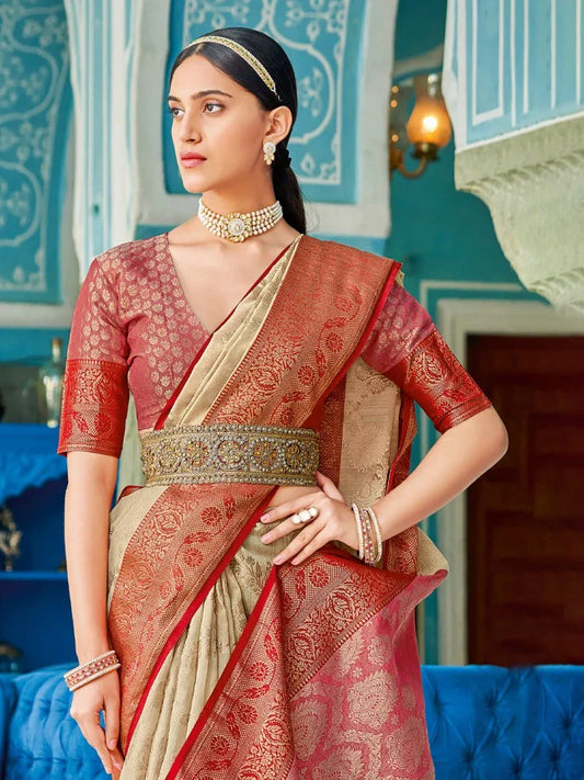 Cream Linen Cotton Saree With Blouse Piece - EZBER