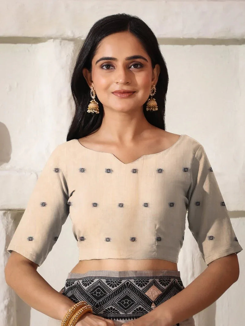 Cream Linen Cotton Saree With Blouse Piece - EZBER