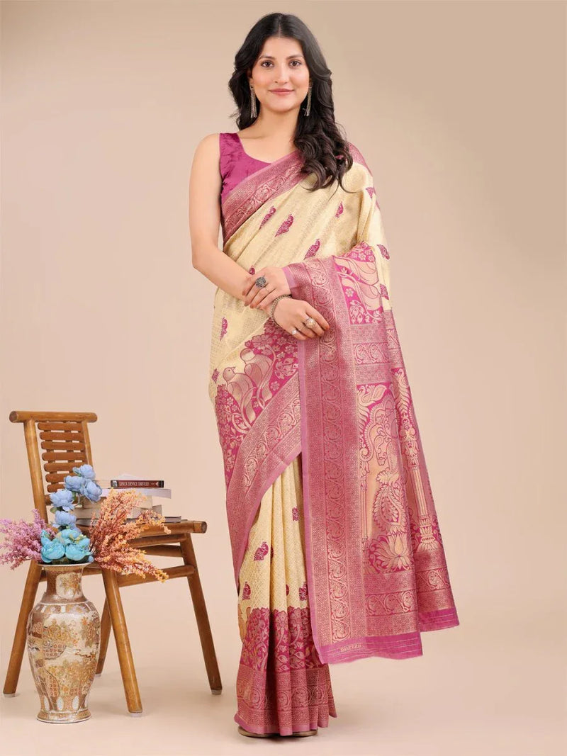 Cream & Magenta Banarasi Silk Saree With Blouse Piece - EZBER