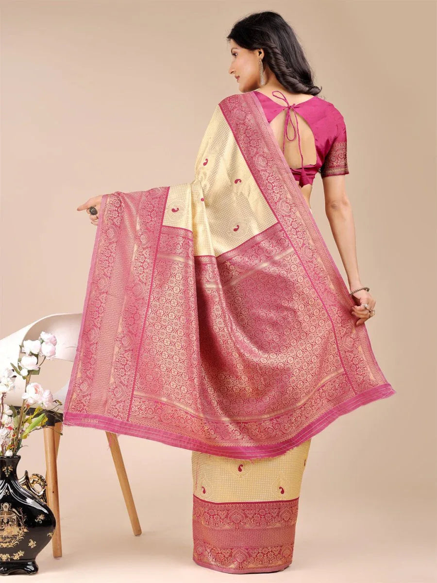 Cream & Magenta Banarasi Silk Saree With Blouse Piece - EZBER