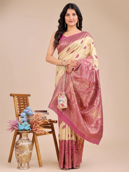 Cream & Magenta Banarasi Silk Saree With Blouse Piece - EZBER