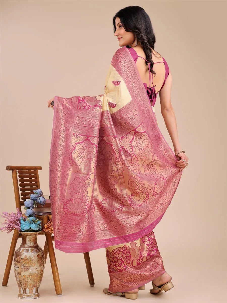 Cream & Magenta Banarasi Silk Saree With Blouse Piece - EZBER