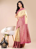 Cream & Magenta Banarasi Silk Saree With Blouse Piece - EZBER