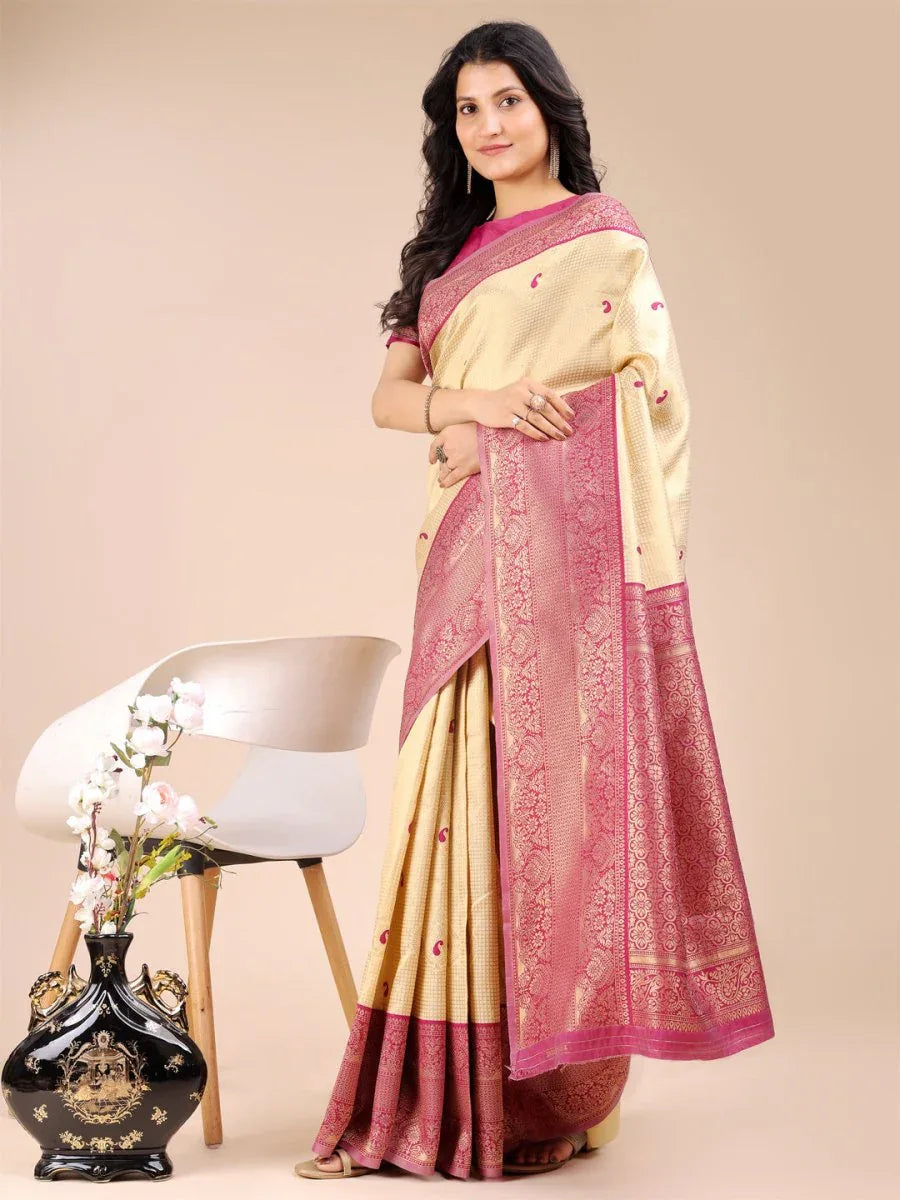 Cream & Magenta Banarasi Silk Saree With Blouse Piece - EZBER