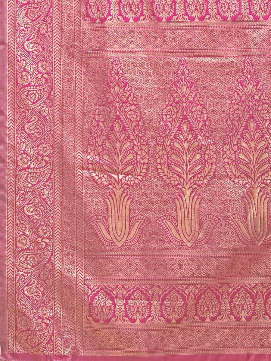 Cream & Magenta Banarasi Silk Saree With Blouse Piece - EZBER
