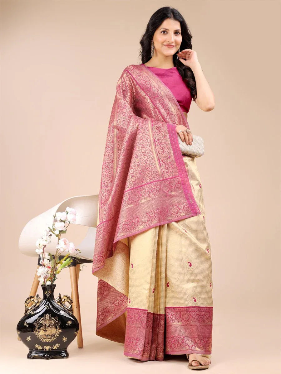 Cream & Magenta Banarasi Silk Saree With Blouse Piece - EZBER