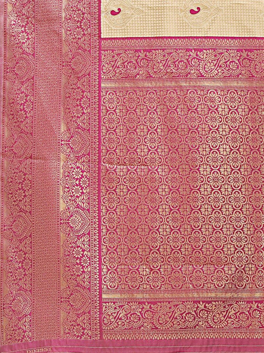Cream & Magenta Banarasi Silk Saree With Blouse Piece - EZBER