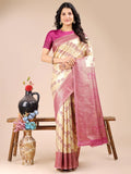 Cream & Magenta Banarasi Silk Saree With Blouse Piece - EZBER