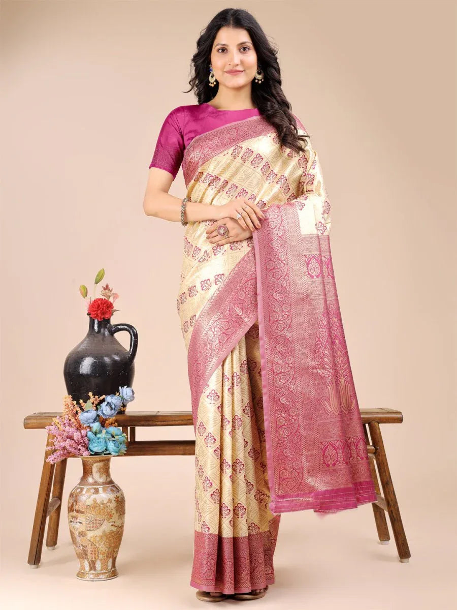 Cream & Magenta Banarasi Silk Saree With Blouse Piece - EZBER