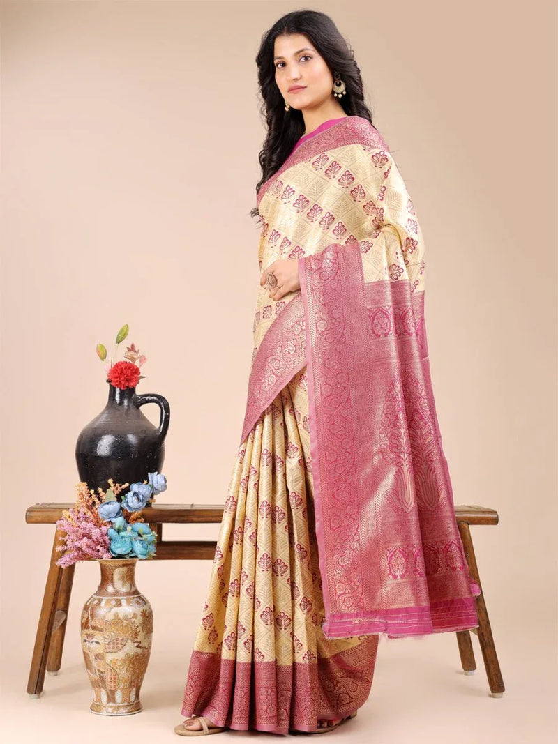 Cream & Magenta Banarasi Silk Saree With Blouse Piece - EZBER