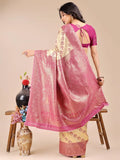 Cream & Magenta Banarasi Silk Saree With Blouse Piece - EZBER