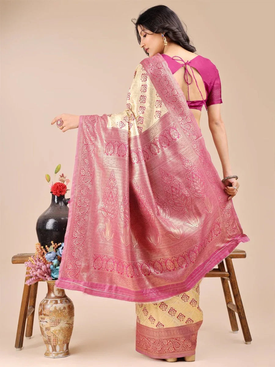 Cream & Magenta Banarasi Silk Saree With Blouse Piece - EZBER
