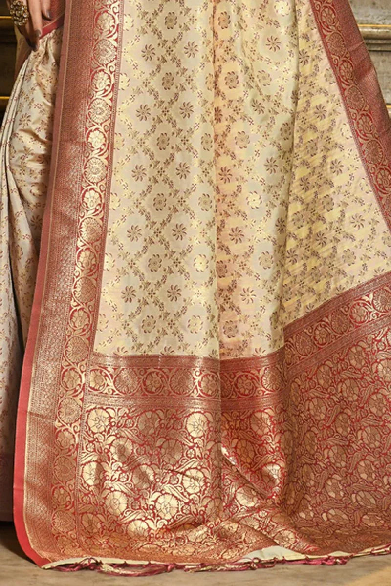 Cream & Maroon Banarasi Silk Saree With Blouse Piece - EZBER