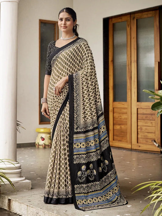 Cream Mulmul Cottons Saree With Blouse Piece - EZBER