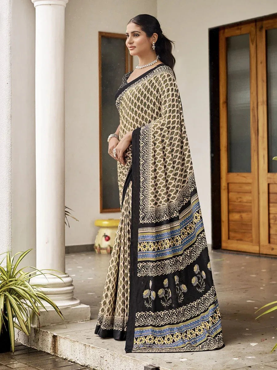 Cream Mulmul Cottons Saree With Blouse Piece - EZBER