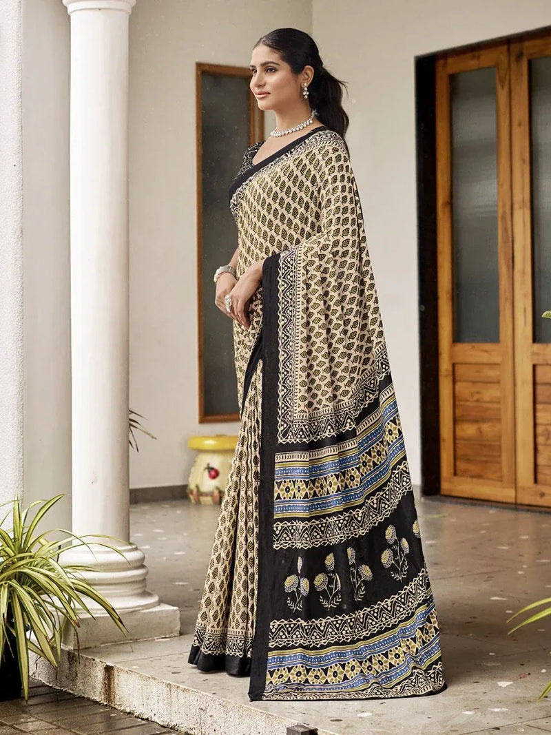 Cream Mulmul Cottons Saree With Blouse Piece - EZBER