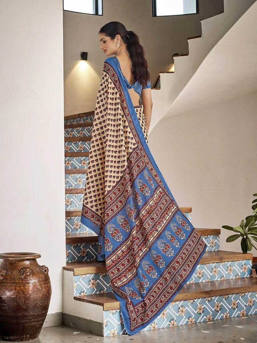 Cream Mulmul Cottons Saree With Blouse Piece - EZBER