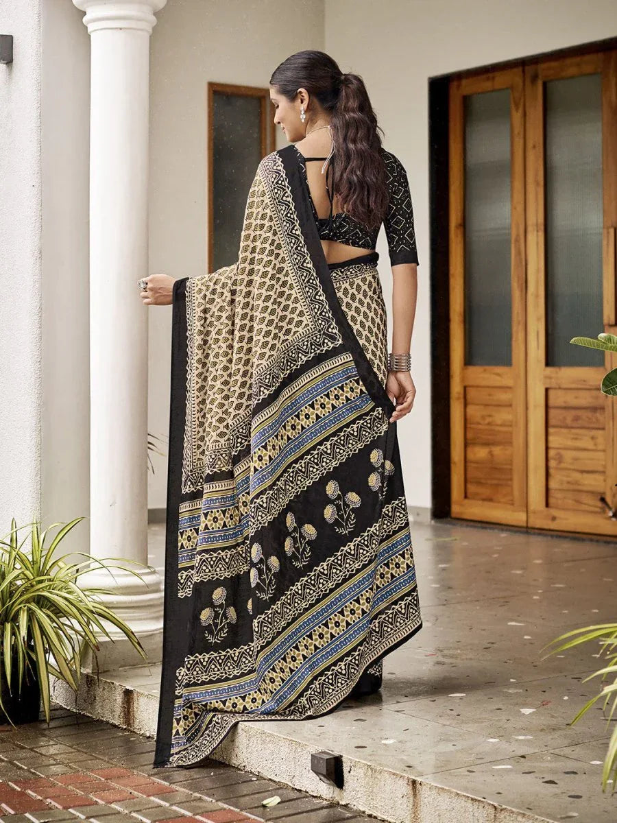 Cream Mulmul Cottons Saree With Blouse Piece - EZBER