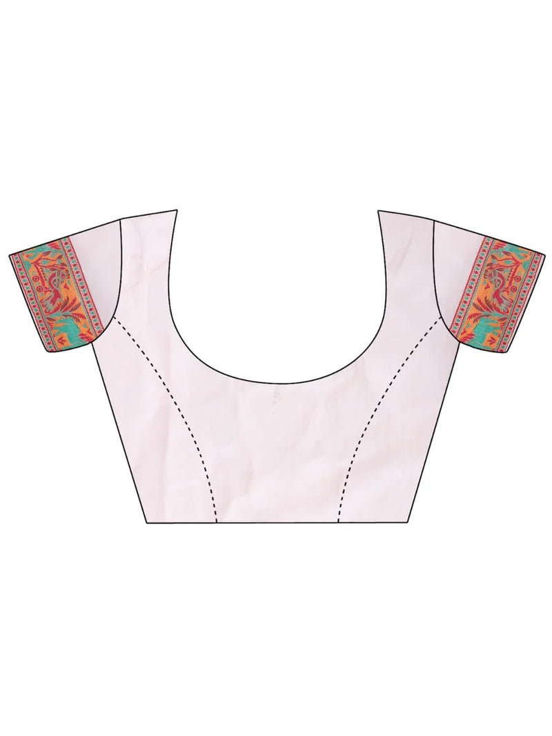 Cream & Navy Blue Banarasi Silk Saree With Blouse Piece - EZBER