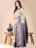 Cream & Navy Blue Banarasi Silk Saree With Blouse Piece - EZBER