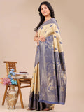 Cream & Navy Blue Banarasi Silk Saree With Blouse Piece - EZBER