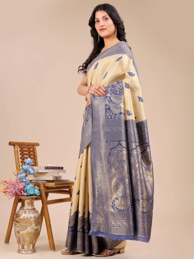 Cream & Navy Blue Banarasi Silk Saree With Blouse Piece - EZBER