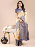 Cream & Navy Blue Banarasi Silk Saree With Blouse Piece - EZBER