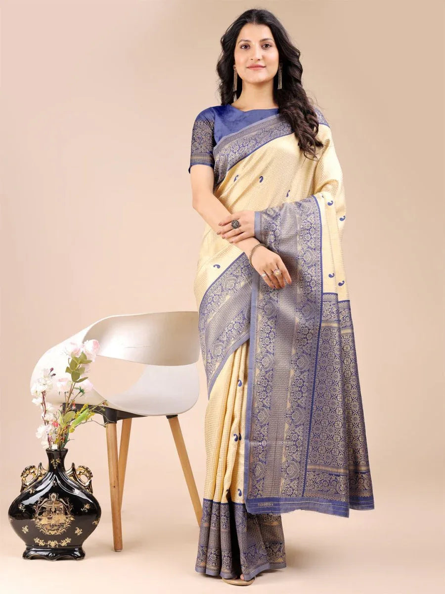Cream & Navy Blue Banarasi Silk Saree With Blouse Piece - EZBER